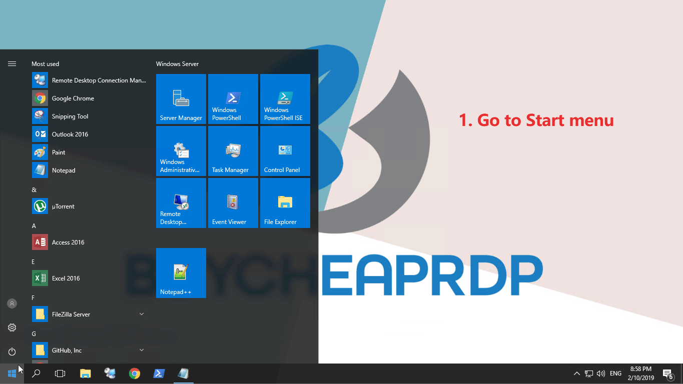 Step 1 to connect to rdp